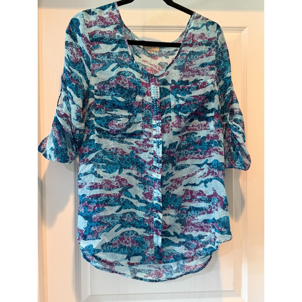 One World Womens L Blue Print 3/4 Sleeve Chiffon V-Neck Boho